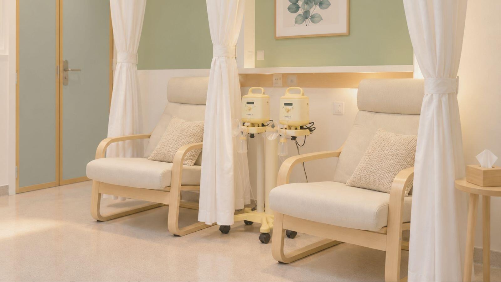 Sala hospitalaria de lactancia equipada con sillones y sacaleches eléctricos de grado hospitalario.